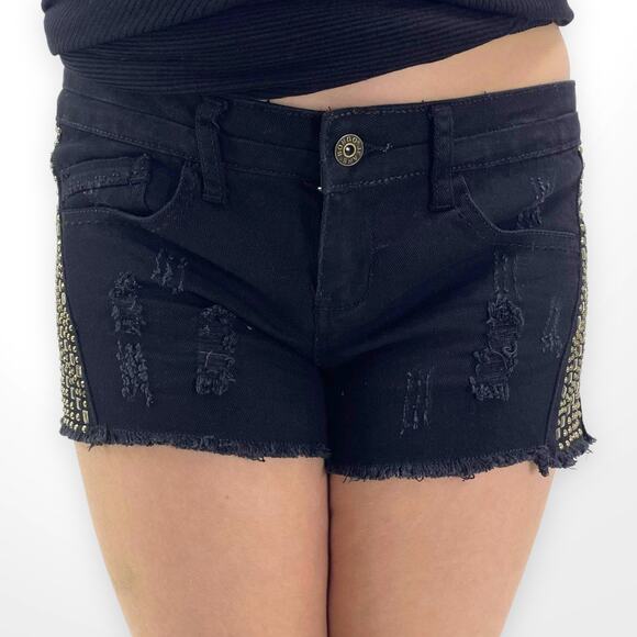 BONGO Black Low Rise Distressed Jeweled Raw Hem Cut Off Shorts - Picture 1 of 6